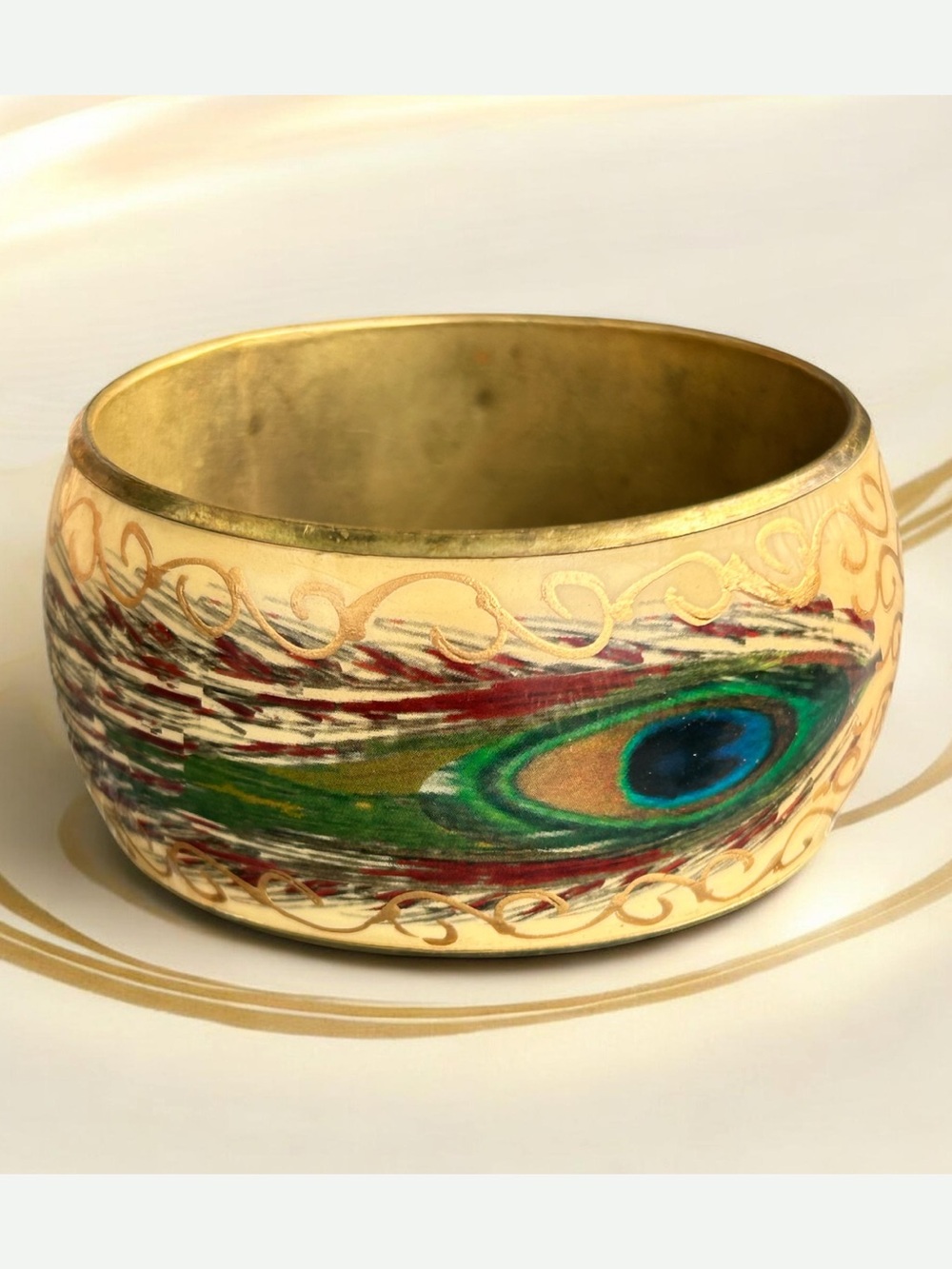 Vintage 1970’s Peacock Feather Printed Wide Bangle Brass Bracelet
